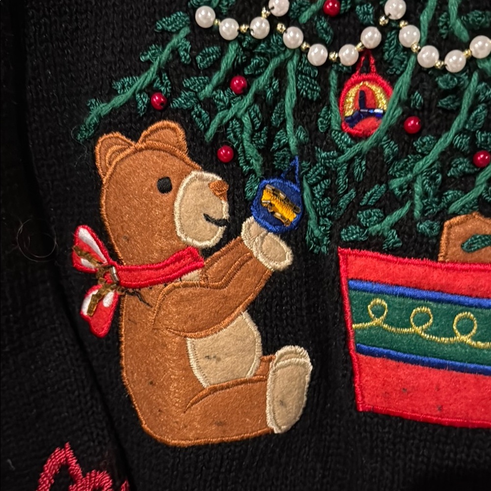 Ugly/Festive Black Christmas Sweater with Tree and Bear Design - Picture 6 of 9